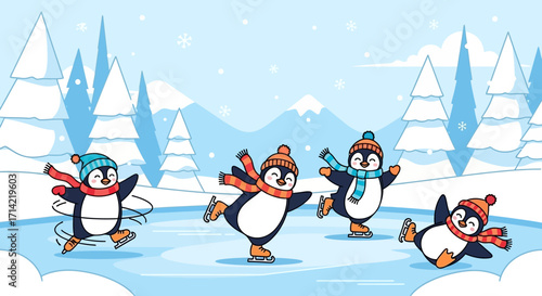 Four adorable penguins ice skating on a frozen lake with snow-covered trees in the background.