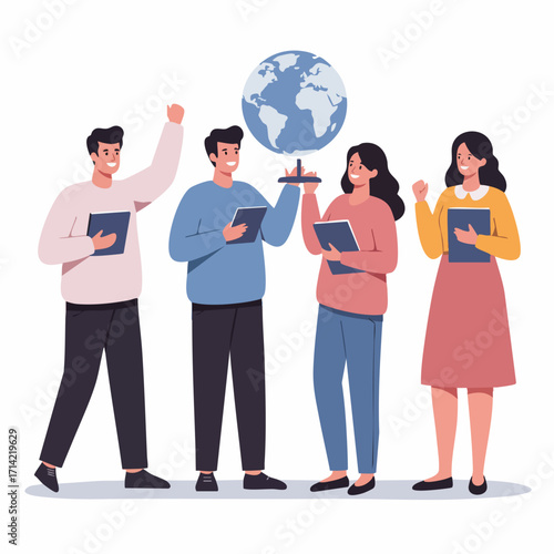Flat Style Diverse Teamwork with Globe Collaboration and Communication Illustration