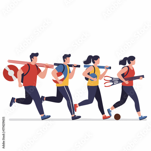 Flat Illustration Team Running with Sport Equipment for Competition Event