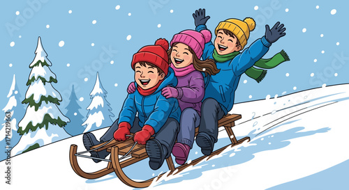 Three happy children sledding down a snowy hill.