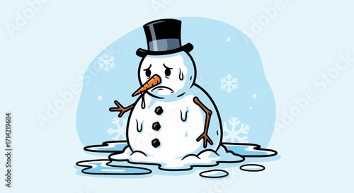 A sad snowman is melting in the sun, with water dripping from its body.