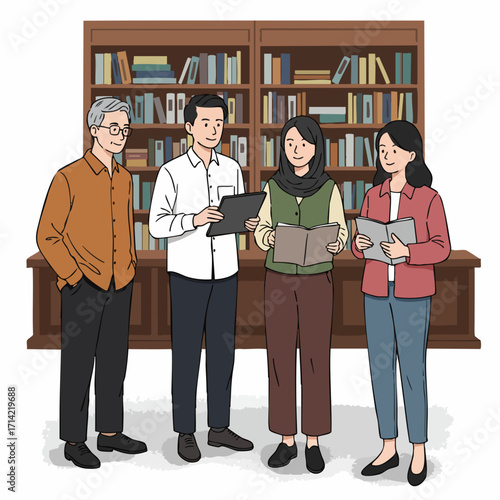 Flat Style Group of People Discussing in Front of Bookshelf Illustration