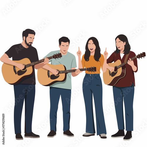 Flat Style Group of People Playing Guitar Musical Band Illustration