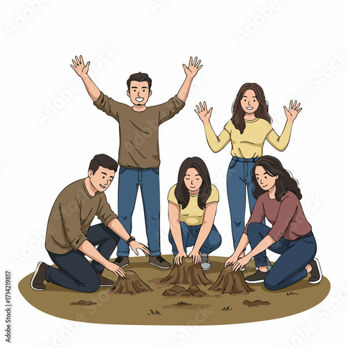 Flat Illustration Group of Friends Making Campfire Together Adventure Concept