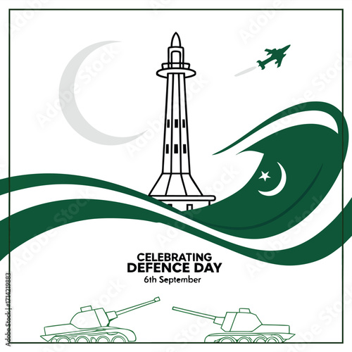 Minimalist vector illustration of Minar e Pakistan with tanks jet and crescent moon for Defence Day