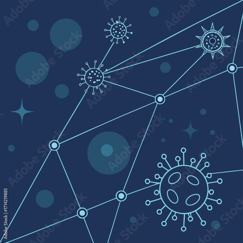 Abstract network of glowing blue virus particles and nodes on dark blue background connection science
