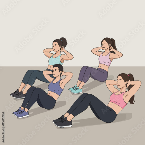 Simple Flat Illustration of Women Doing Sit Ups in Gym Class