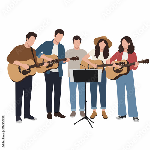 Flat Style Detailed Guitar Ensemble Performance with Group of Musicians Illustration