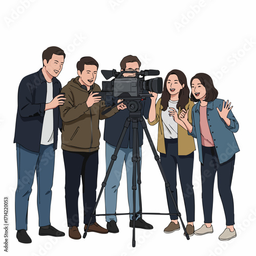 Flat Design Team Filming with Professional Equipment and Crew Illustration