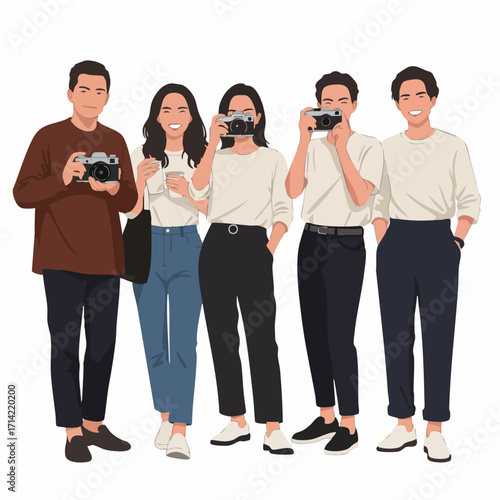 Flat Illustration Group of Diverse Young People Holding Camera