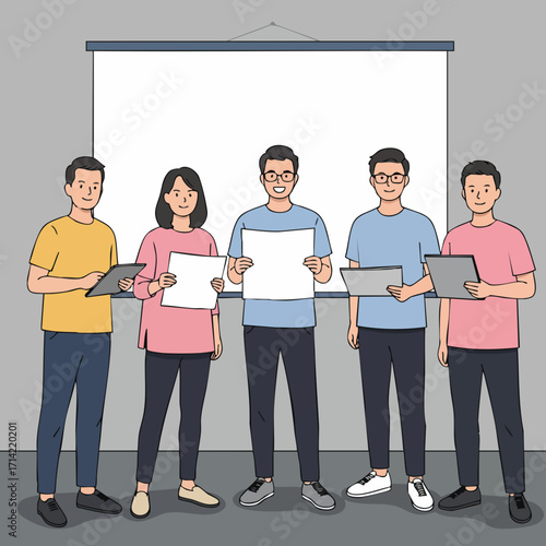 Cartoon Style Group of People Presenting Information on Blank Screen