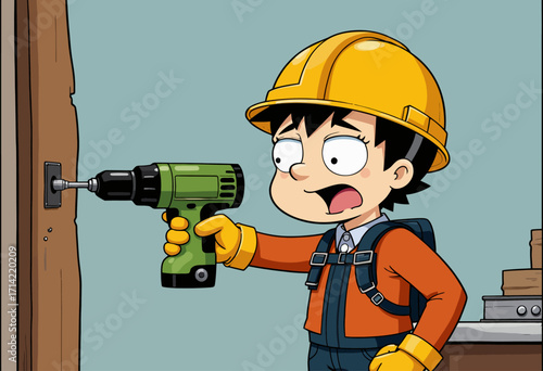Young Builder Learning Carpentry Skills with Electric Drill Wearing Construction Gear and Enthusiastic Expression