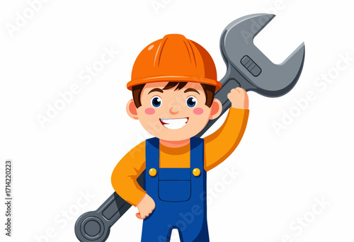 Illustration of a cheerful child in blue overalls and an orange hard hat holding a giant wrench, symbolizing youthful enthusiasm and interest in engineering and construction
