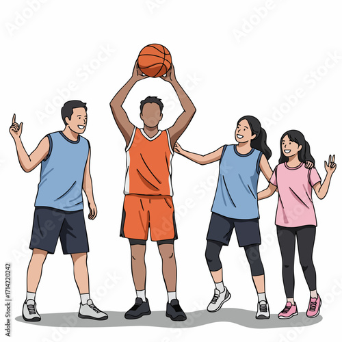 Flat Cartoon Diverse Group of Basketball Players Holding Ball Illustration