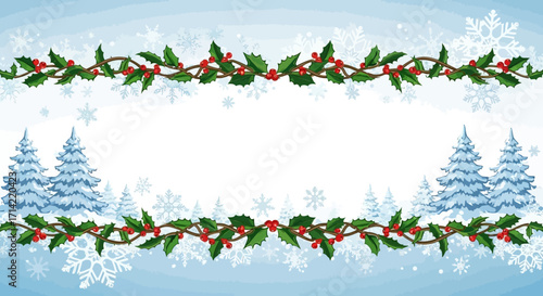 A festive winter scene with snow-covered pine trees and holly branches adorned with red berries, set against a light blue, snowflake-filled background.