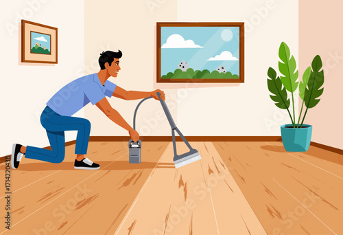 Illustration of a Person Enthusiastically Cleaning a Wooden Floor in a Bright Room with a Modern Vacuum and Large Window View of Nature