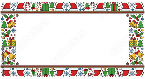 A festive Christmas-themed border with various holiday icons like Santa hats, stockings, bells, gifts, and trees, framing a blank rectangular space for text.