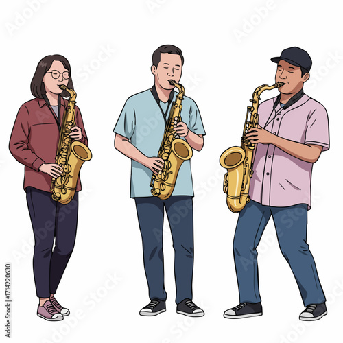 Flat Style Group of People Playing Saxophone Instrument Performance Illustration