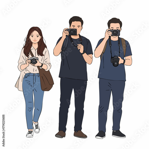 Line Art Diverse Group of People Holding Camera Illustration