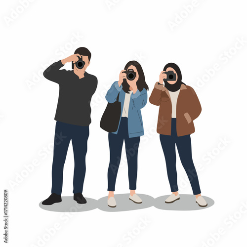 Flat Style Three People Standing Taking Picture Using Camera Illustration