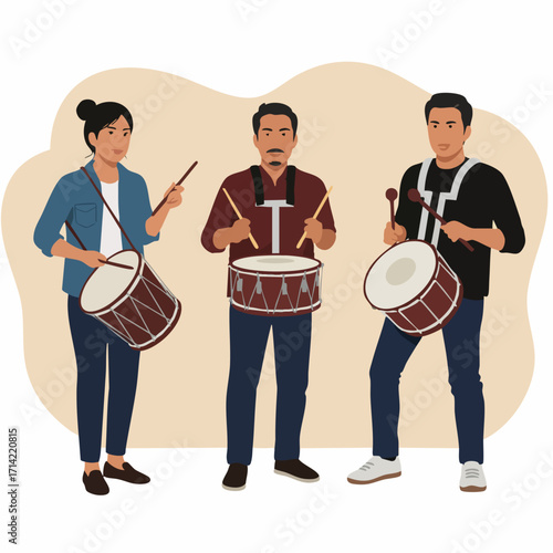Flat Style Detailed Drummer Group Playing Percussion Instrument Illustration