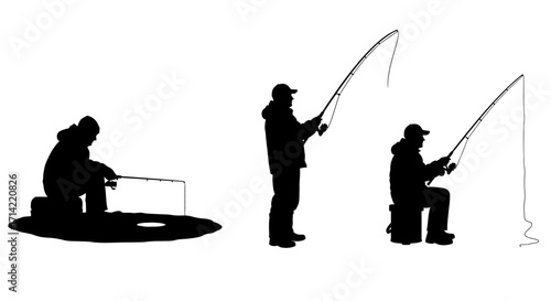 Set of three black silhouettes of fishermen in different positions: ice fishing, standing, and sitting with a fishing rod.