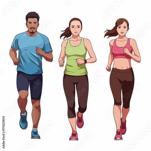 Realistic Group of People Running Jogging Together Exercising Outdoors Illustration