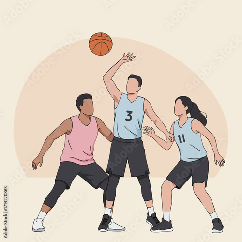 Minimalist Flat Illustration of Basketball Players Competing for the Ball