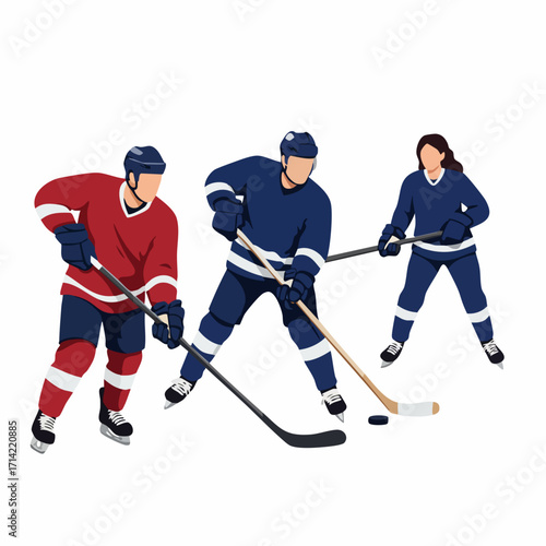 Flat Style Detailed Hockey Player Team In Action Sport Illustration