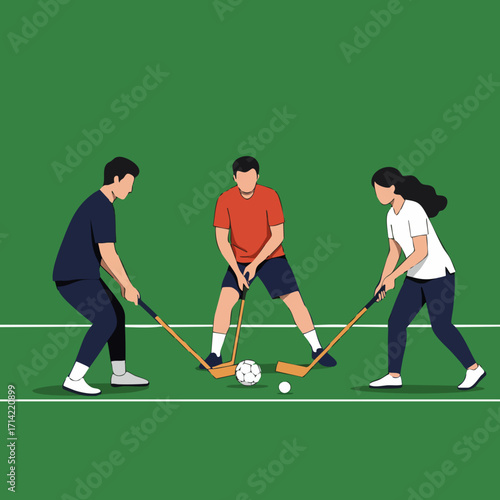 Flat Illustration of Team Players Playing Ball Hockey Sport Activity
