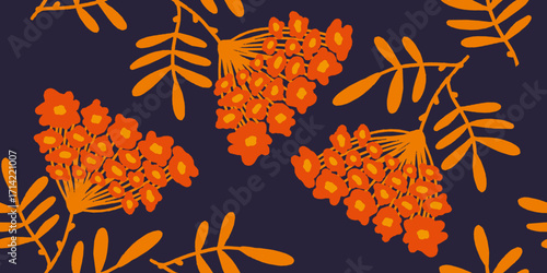 Orange Rowan Berries on Dark Blue Pattern