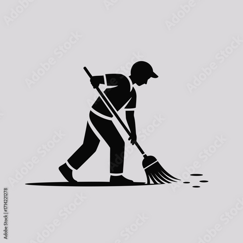 Pictogram illustration of a person sweeping with a broom vector graphic for cleaning services silhouette vector illustration white background