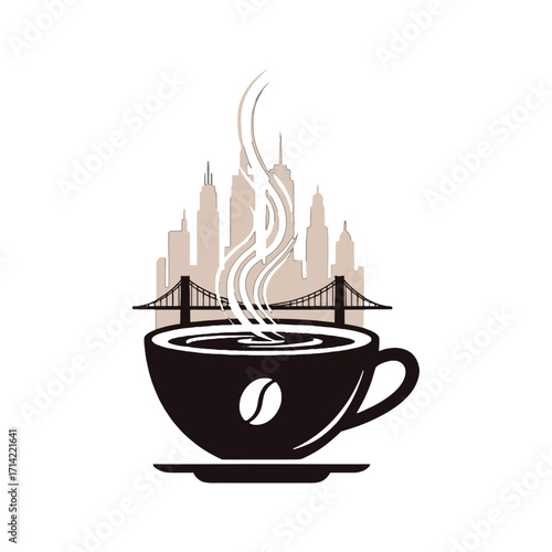 Steaming Coffee Cup with City Skyline and Bridge Background.