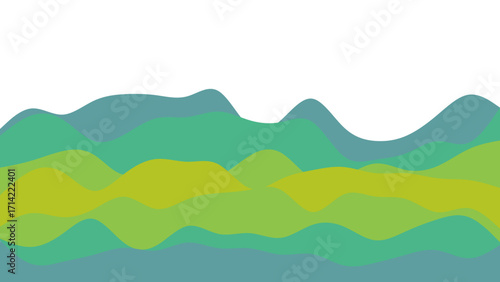 Abstract illustration of rolling hills in shades of green and blue, symbolizing nature, growth, and tranquility. Ideal for modern design, environmental concepts, and digital backgrounds.