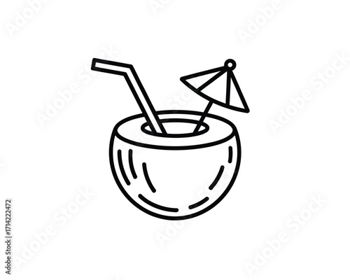 Scalable vector illustration of a tropical coconut drink with umbrella and straw eps silhouette vector illustration white background