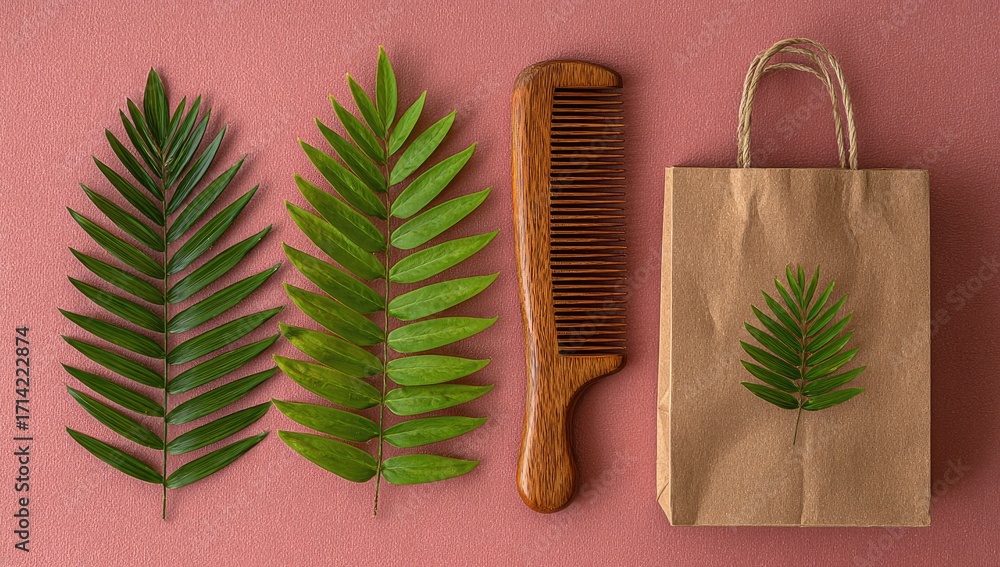 Obraz premium Fresh green leaves, wooden comb, and paper bag on blush pink