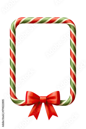 Festive candy cane frame with red bow decoration isolated on transparent background