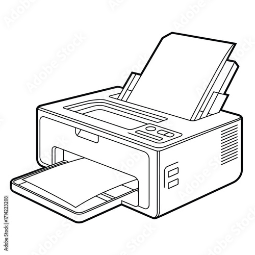 Scalable vector line drawing illustration of a modern printer with paper output and input silhouette vector illustration white background
