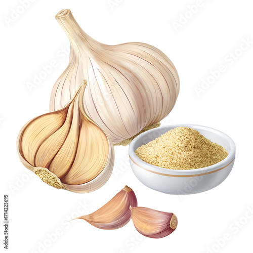 Garlic bulbs, one viewed from the top and another from the bottom, alongside a bowl of garlic powder on a transparent background