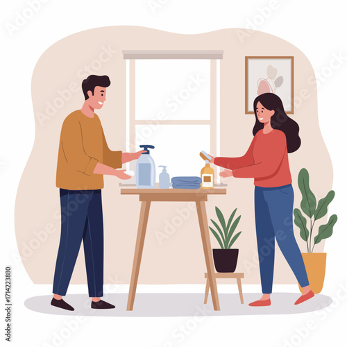 Flat Illustration of a Couple Organizing Home Cleaning Supplies on Table