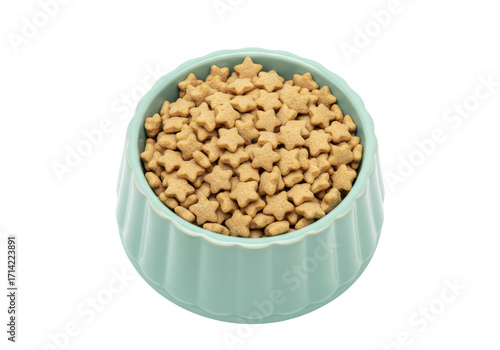 Photography Isolated dry pet food shaped like stars in a light-blue bowl for dogs or cats me