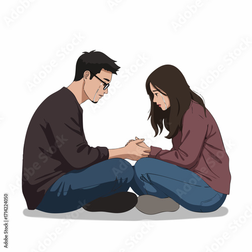 Cartoon Style Detailed Couple Sitting Together Holding Hands Illustration