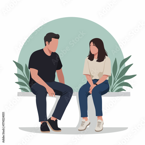 Flat Style Couple Sitting on a Bench Discussing Casual Scene Illustration