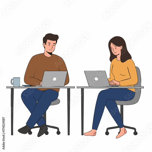 Flat Illustration of Man and Woman Working on Laptop at Desk