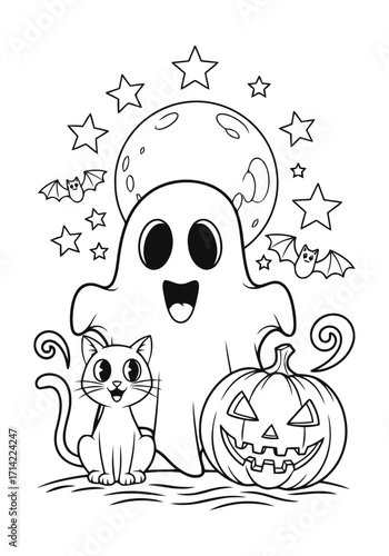 Spooky Halloween ghost, cat, and pumpkin adventure a captivating coloring books page for children
