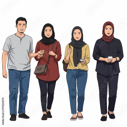 Cartoon Style Full Body Muslim Family Walking Illustration Character Design