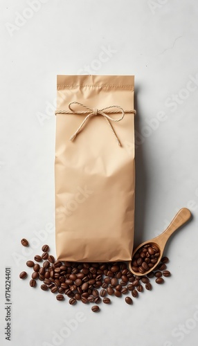 Kraft paper bag with twine bow, accompanied by scattered coffee beans and a wooden spoon on neutral background