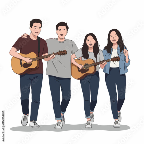 Cartoon Style Happy Band of Musicians with Guitars Walking Together