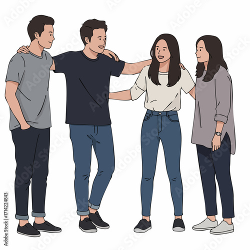Hand Drawn Style Diverse Group of Friends Hugging Supporting Each Other Illustration
