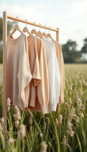 Clothes hang on a wooden rack amidst a field of tall grasses under a light bright sky